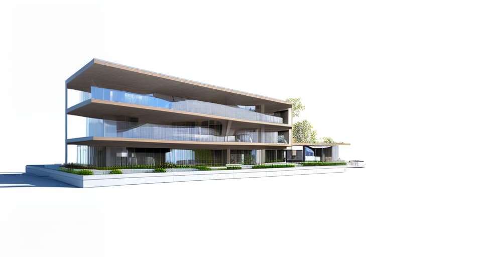 mdjrny-v4 style architecture, high quality, exterior perspective, 3 story office building, designed by sanaa