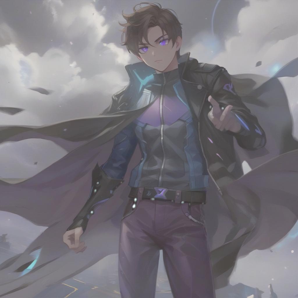  defender of the universe, a guy with short brown hair, purple glowing eyes, a black leather jacket and blue pants. uses his superpowers