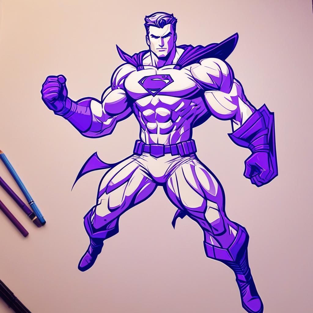  draw a superhero of the bio molecule, protien, use elongated, fibrous shape as its own logo., and the color violet and add a cape, award winning, professional, highly detailed, masterpiece