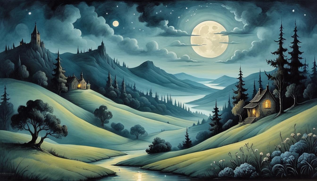  on parchment, surrealism+++, moonlit night, tranquil landscape, an ethereal glow over quiet hills, soft shadows, serene, introspective(mysterious, provocative, symbolic,muted color)+++