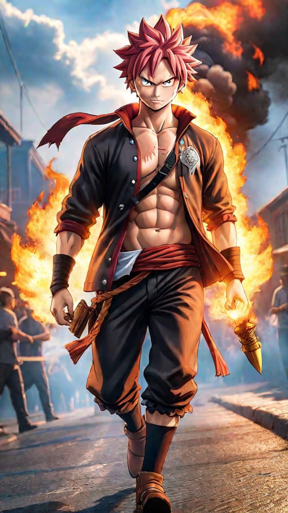  anime art: natsu dragneel from fairy tail fears transportation sickness, showing vulnerability despite his fiery strength. hyperrealistic, full body, detailed clothing, highly detailed, cinematic lighting, stunningly beautiful, intricate, sharp focus, f/1. 8, 85mm, (centered image composition), (professionally color graded), ((bright soft diffused light)), volumetric fog, trending on instagram, trending on tumblr, HDR 4K, 8K