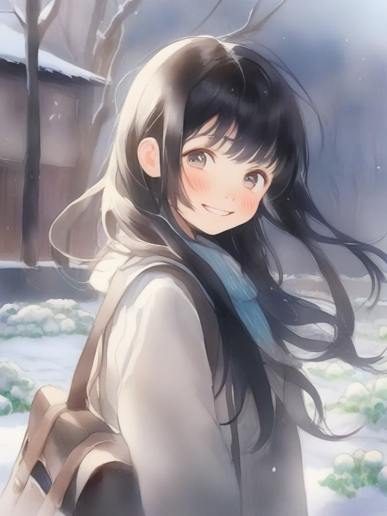  masterpiece, one high school girl, cute, delicate black hair, long hair, happy smile, ilor uniform)) ,, muffler, snowdrop, ((facefocus)), (face up), school yard in background, super high quality, super sensitive, super resolution, 16k