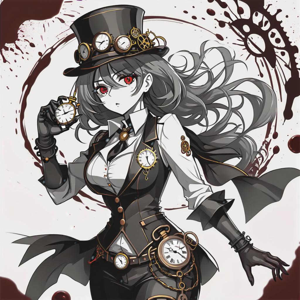  line art drawing steampunk girl with pocket watch, battle pose blood everywhere, same nightmare. anime style . professional, sleek, modern, minimalist, graphic, line art, vector graphics