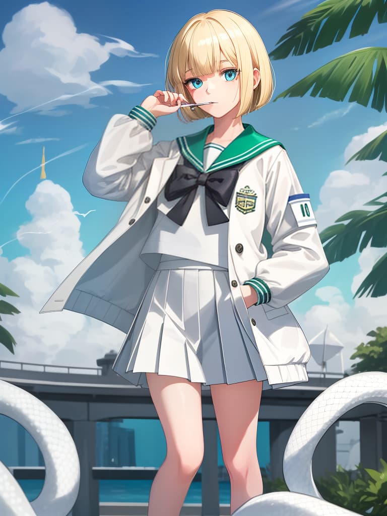  a who smokes a cigarette, a white sailor suit, a white pleated , a whole body, black loafers, blue eyes, blonde bob hair, summer sailor, green jacket, souvenir jacket, snake tattoo on legs, standing, s 1 person, white sailor suit, , green jacket, red headphones, masterpiece, best quality,8k,ultra detailed,high resolution,an extremely delicate and beautiful,hyper detail