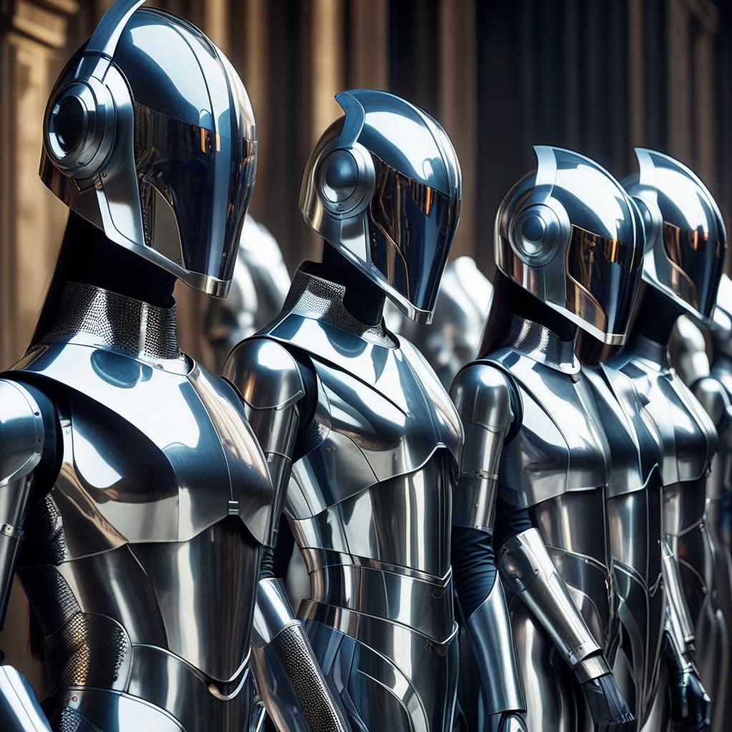  countless legions of identical faceless androgynous droids. all dressed in identical jumpsuits with high tech but stylized medieval mirrorscale armor and sleek high tech full face helmets with mirrored visors,