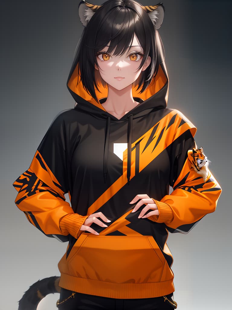  short bob, boyish, hoodie, upper body only, skinny pants, orange eye, women, tiger, gold black hair, masterpiece, best quality,8k,ultra detailed,high resolution,an extremely delicate and beautiful,hyper detail hyperrealistic, full body, detailed clothing, highly detailed, cinematic lighting, stunningly beautiful, intricate, sharp focus, f/1. 8, 85mm, (centered image composition), (professionally color graded), ((bright soft diffused light)), volumetric fog, trending on instagram, trending on tumblr, HDR 4K, 8K