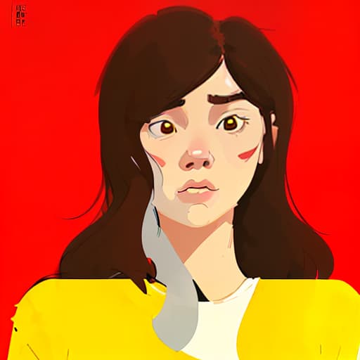  the girl has a thoughtful surprised face, she stands on a red background in yellow clothes, girl illustration sketch sketch, animal, illustration, flat, vector, detailed.