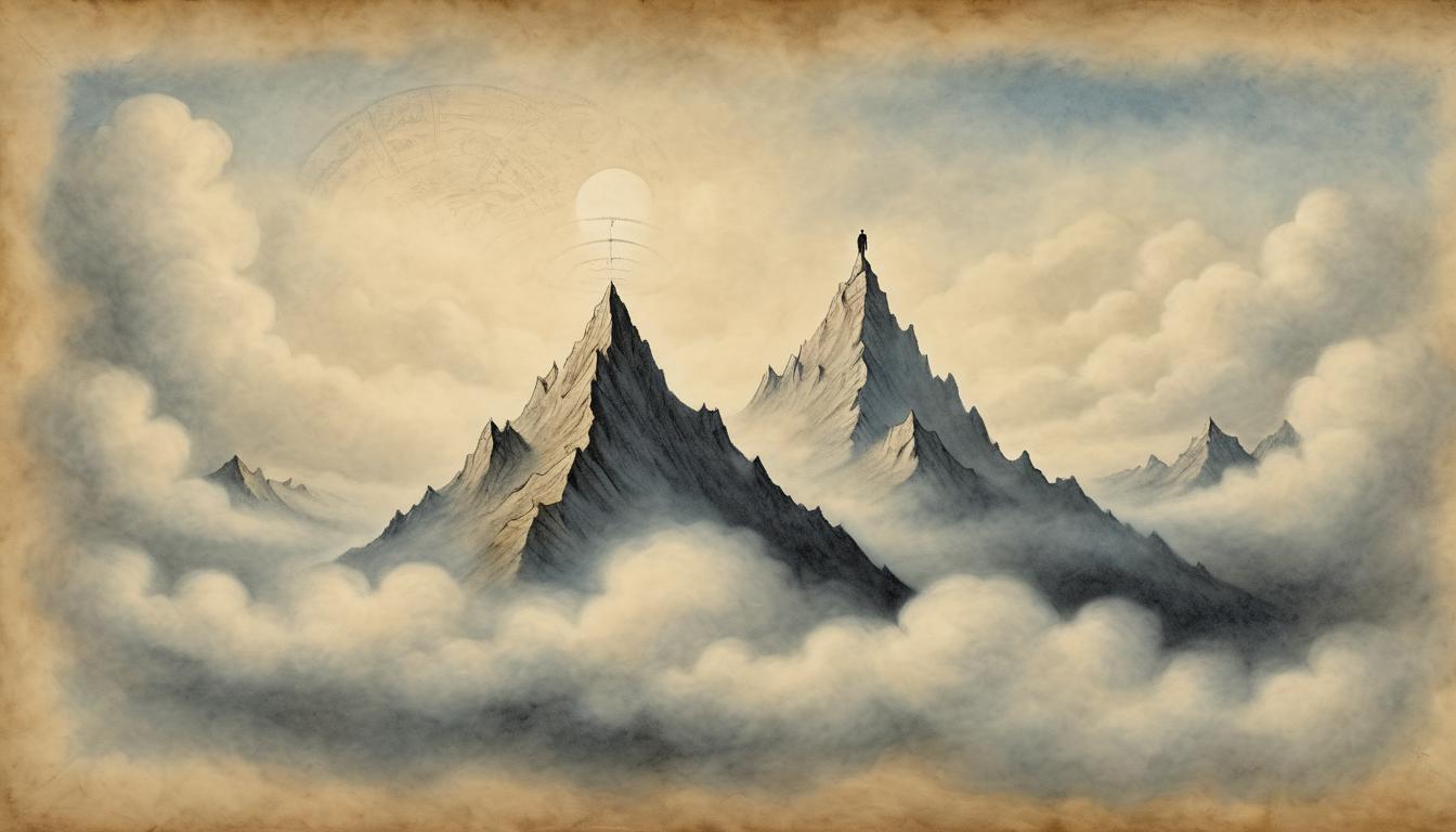  on parchment, surrealism++, a solitary mountain peak above the clouds, unreachable heights, isolation, enlightenment(mysterious, provocative, symbolic)++