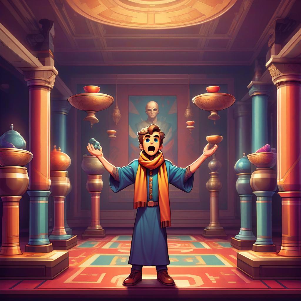  retro game art the humanized hawkish guy holds a scarf on his outstretched arms above his head, looks directly in front of him, in front of him five pedestals with bowls on each, behind a chamber room in muffled tones . 16 bit, vibrant colors, pixelated, nostalgic, charming, fun