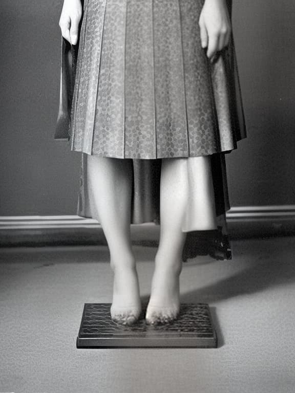  the photo was taken from the view of the scales on which a woman in a skirt is standing and weighing herself