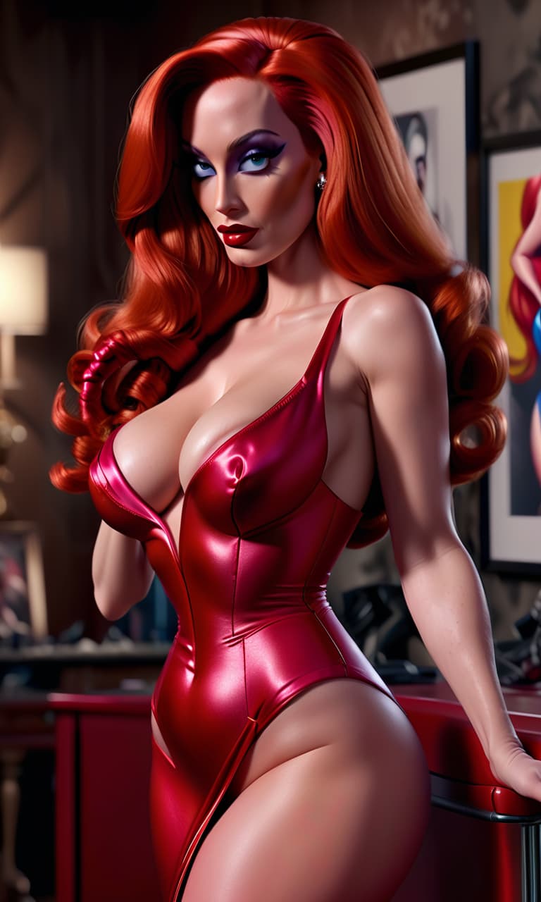  hyperrealistic art jessica rabbit is full length. . extremely high resolution details, photographic, realism pushed to extreme, fine texture, incredibly lifelike, perfecteyes