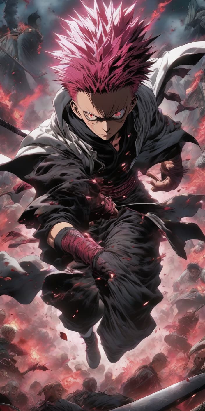  the boy with pink short hairs for 12 years, looks like sukuna from the animate "jujutsu kaisen." sting of dark fantasy. found on the battlefield after a huge number of enemies broke. he's wearing white clothes, no armor, all in the blood of his enemies, a little ruthless, because he's still under impact after the battle. looking at a thousand yards. hyperrealistic, full body, detailed clothing, highly detailed, cinematic lighting, stunningly beautiful, intricate, sharp focus, f/1. 8, 85mm, (centered image composition), (professionally color graded), ((bright soft diffused light)), volumetric fog, trending on instagram, trending on tumblr, HDR 4K, 8K