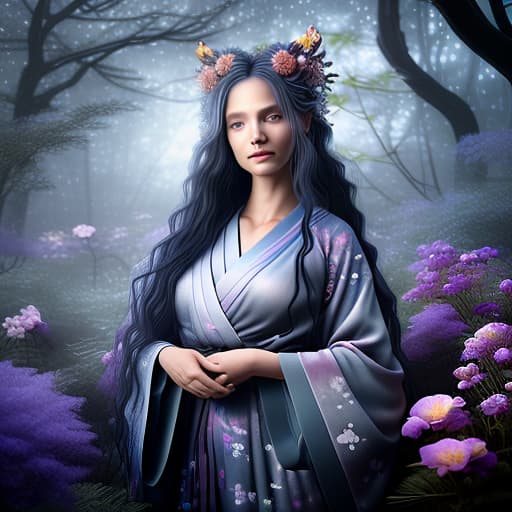  Создано на основе запроса: photograph ogin a misty, enchanted forest at night, a beautiful female yokai with long black hair and flowing waves stands gracefully. her eyes glow softly, reflecting the moonlight, and she is dressed in a lavender kimono embroidered with moving patterns of flowers and stars. surrounding her are fantastical creatures: a group of rainbow colored flying fish, a three legged deer with a glowing blue flame on its back, and a fox with five tails, each tail blooming with glowing flowers. the scene exudes mystery and elegance, photorealistic, hyperrealistic, hyperdetailed, analog style, demure, detailed skin, pores, smirk, smiling eyes, matte skin, soft lighting, subsurface scattering, realistic, h