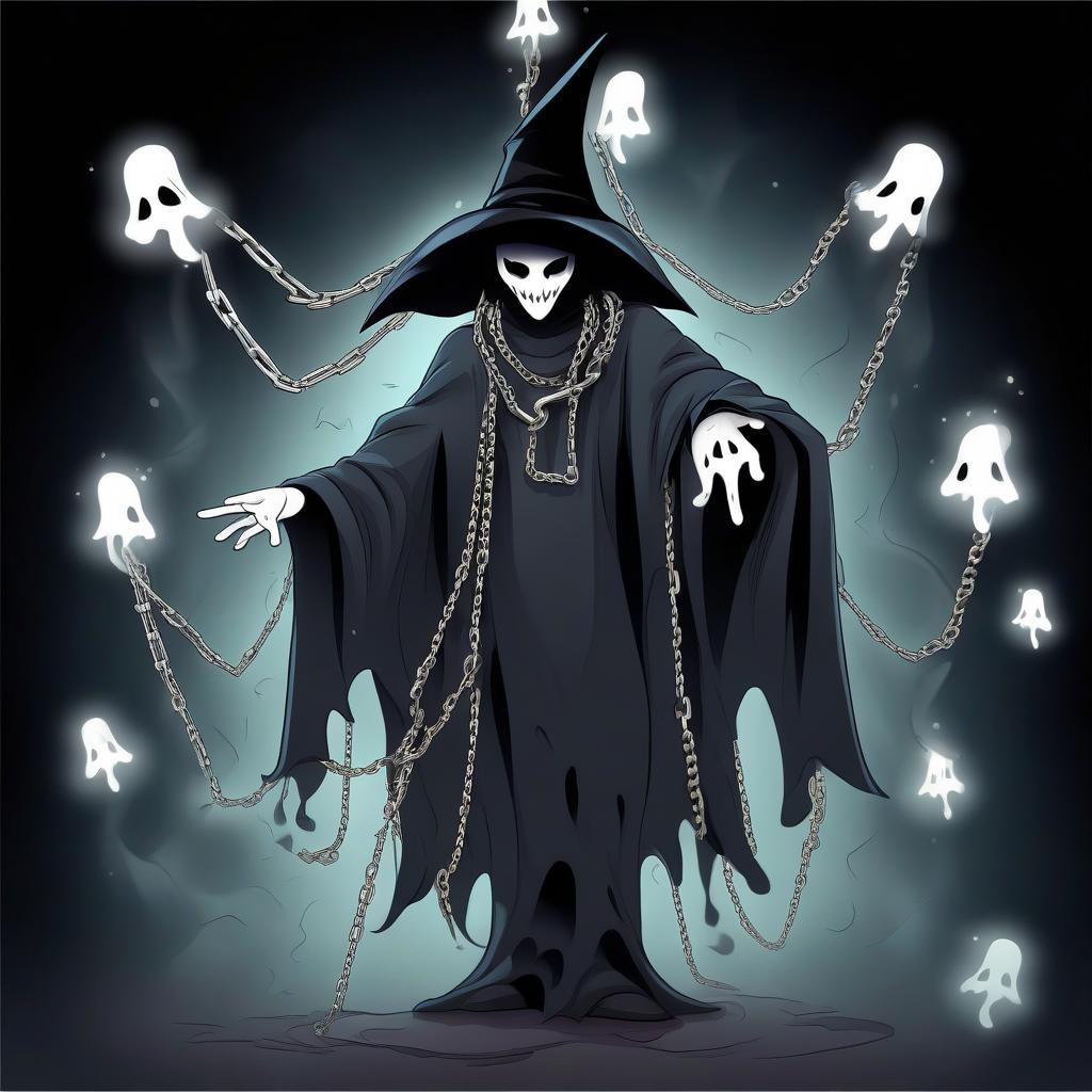  full length image. a young magician with a hat on his head. ghost chains in the hand