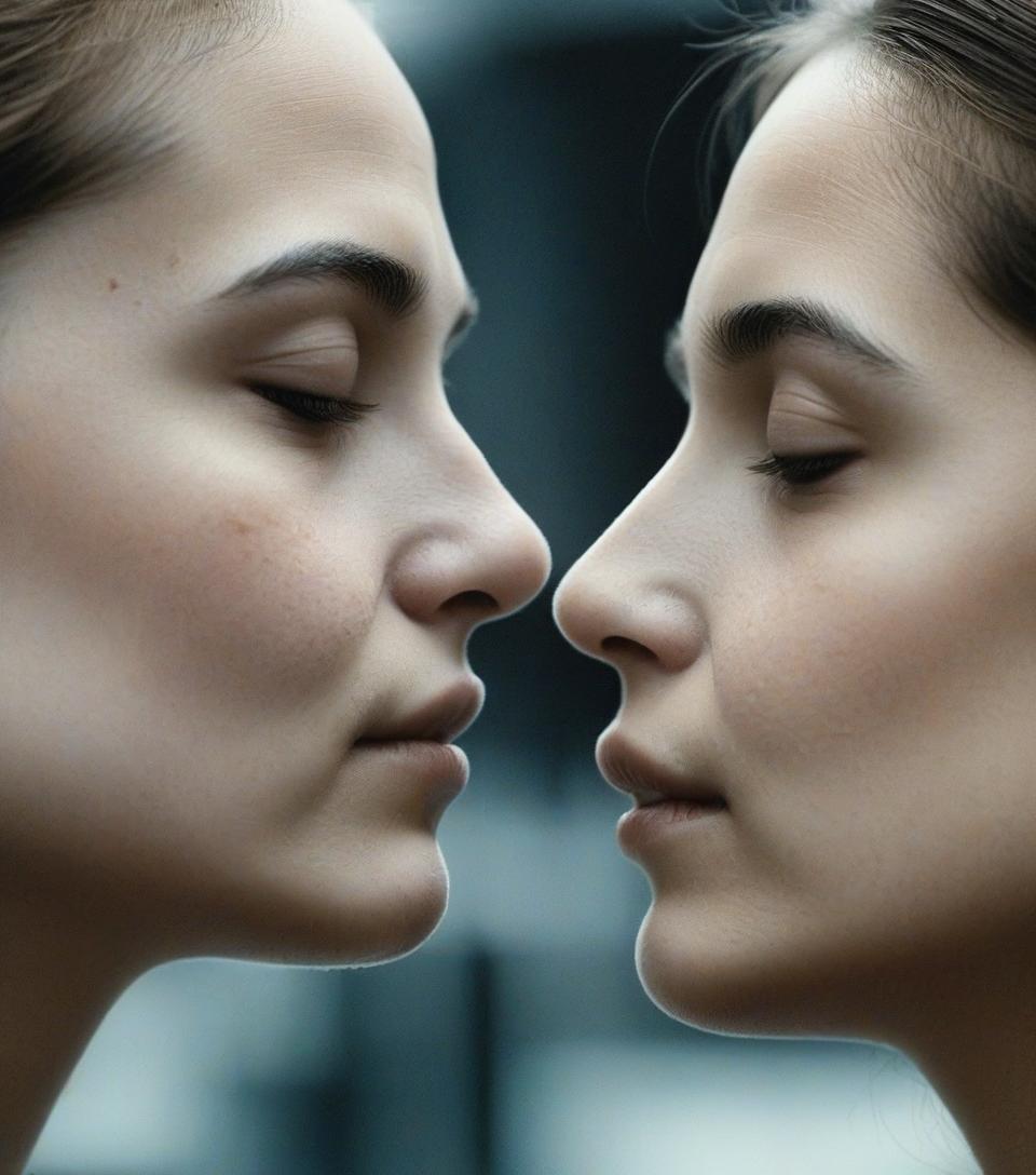  eat love. sisters on the lips. across from each other. lips . cheeks are plump. noses are small, snub nosed. the faces are beautiful. eyes closed. they have the bodies of robot s.