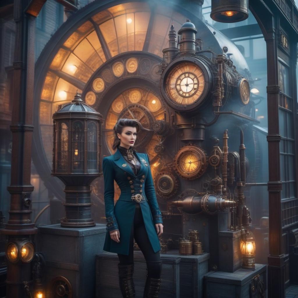  A steampunk city hyperrealistic, full body, detailed clothing, highly detailed, cinematic lighting, stunningly beautiful, intricate, sharp focus, f/1. 8, 85mm, (centered image composition), (professionally color graded), ((bright soft diffused light)), volumetric fog, trending on instagram, trending on tumblr, HDR 4K, 8K