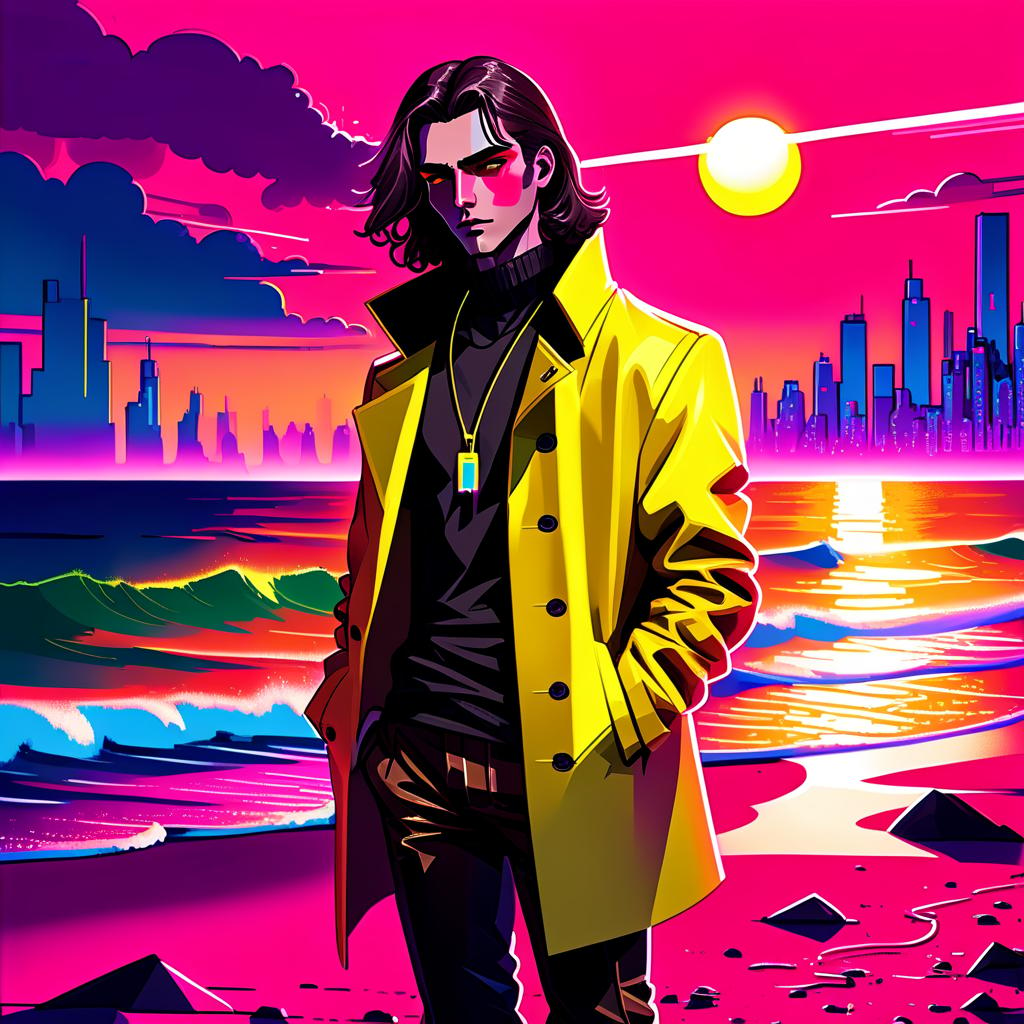  neonpunk style a young man stands on the beach. he has long dark brown hair that gently falls on his shoulders, and his face, with jewish and slavic features, exudes calmness with brown eyes. he is dressed in a bright yellow coat that immediately attracts attention and contrasts with the surrounding landscape. under the coat is a black shirt, and black pants are additionally decorated with yellow elements, creating a harmonious and stylish image. the sun sets over the horizon, shrouding everything around in red shades, and bright red stripes lie on the surroundings contrasting with the darkness and creating a magical atmosphere. . cyberpunk, vaporwave, neon, vibes, vibrant, stunningly beautiful, crisp, detailed, sleek, ultramodern, magenta 