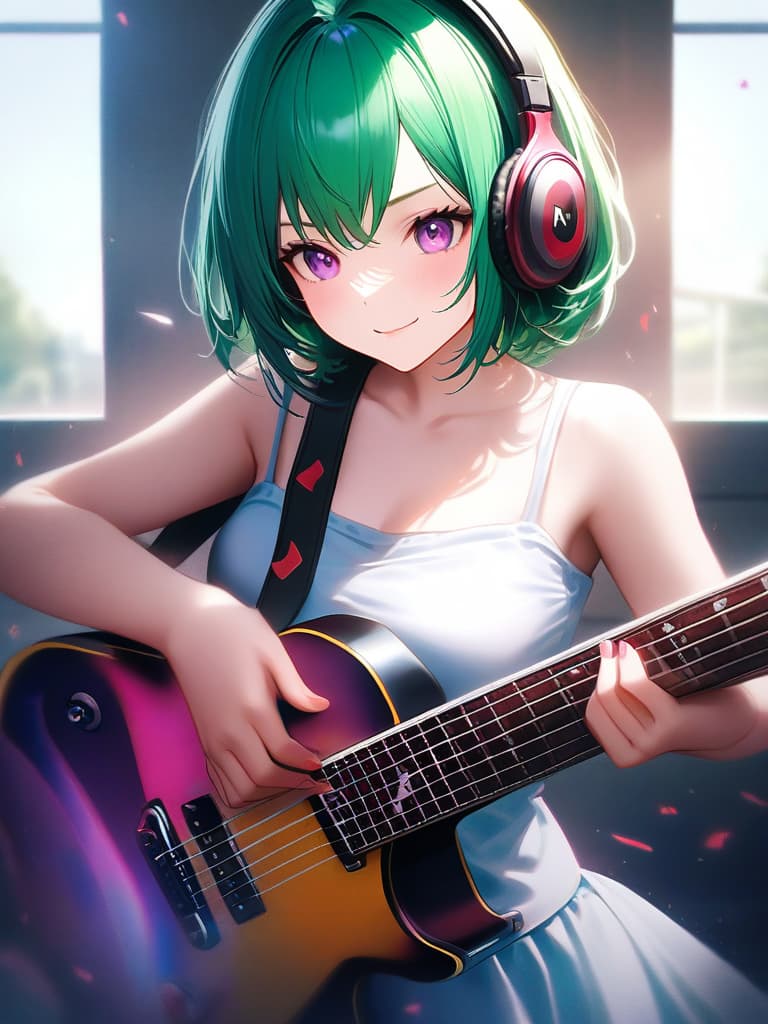  1girl,18yo,(((high school girl))),(((playing with an electric guitar:1.35))),green hair,short hair,purple eyes,headphone,very loud laugh,(((happy pose))),(((metallic focus))),music note effect,realistic