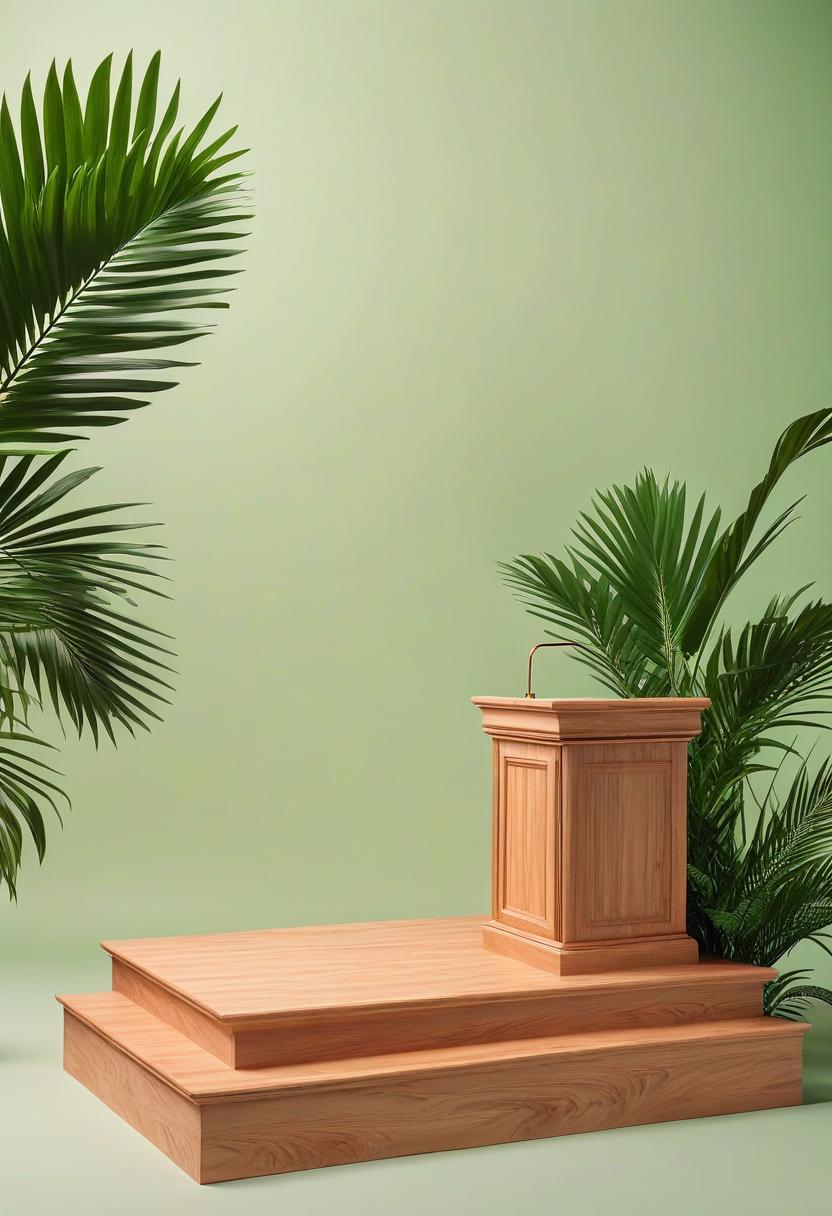  luxury product style a wooden podium with green background , adorned by palm leaves. the podium is positioned on the right side of an empty space for product display. it has three steps and each step reflects light, creating a cinematic atmosphere. . elegant, sophisticated, high end, luxurious, professional, highly detailed