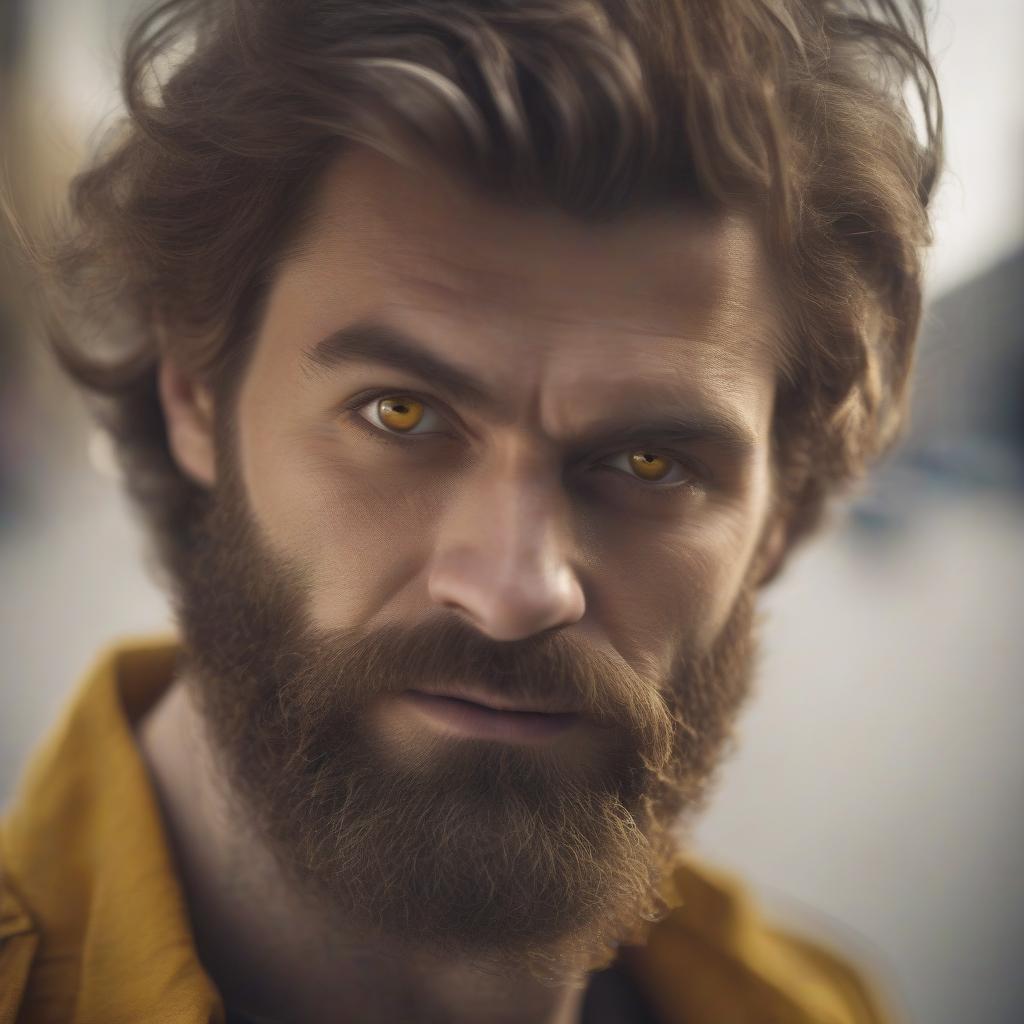  cinematic film still close up of a man with a beard, a handsome man, 35 years attentive golden yellow eyes, brown hair, extremely attractive . shallow depth of field, vignette, highly detailed, high budget, bokeh, cinemascope, moody, epic, gorgeous, film grain, grainy