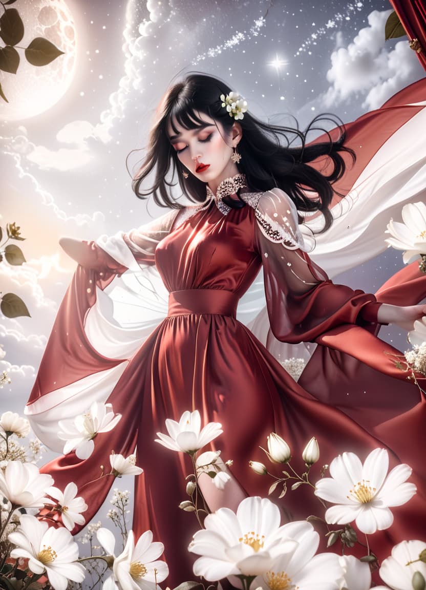  fashion editorial style a girl in a red silk dress, in the foreground white flowers, black hair, a large bust, white sleeves with a pattern, against a starry sky. . high fashion, trendy, stylish, editorial, magazine style, professional, highly detailed, perfecteyes, civitai, glowneon