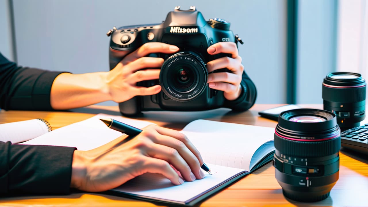  a close up of a photographer's hands adjusting a camera, surrounded by a notepad with pricing strategies, a calculator, and a laptop displaying a portfolio, all set against a soft, natural light backdrop. hyperrealistic, full body, detailed clothing, highly detailed, cinematic lighting, stunningly beautiful, intricate, sharp focus, f/1. 8, 85mm, (centered image composition), (professionally color graded), ((bright soft diffused light)), volumetric fog, trending on instagram, trending on tumblr, HDR 4K, 8K