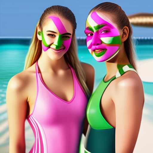  add a stripe on green face paint to the nose of the girl in the pink swimsuit and a stripe of pink face paint to the nose of the girl in the green swimsuit