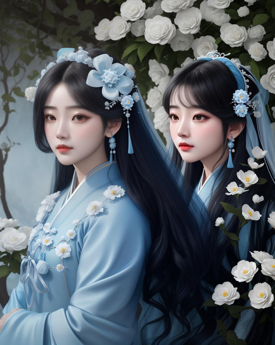  masterpiece, best quality, (fidelity: 1.4), best quality, masterpiece, ultra high resolution, poster, fantasy art, very detailed faces, 8k resolution, chinese style, an woman, side face, quiet, light blue hanfu, tulle coat, long black hair, light blue fringed hair ornament, hairpin, white ribbon, white flower bush, light blue butterfly flying, cinematic lighting effects