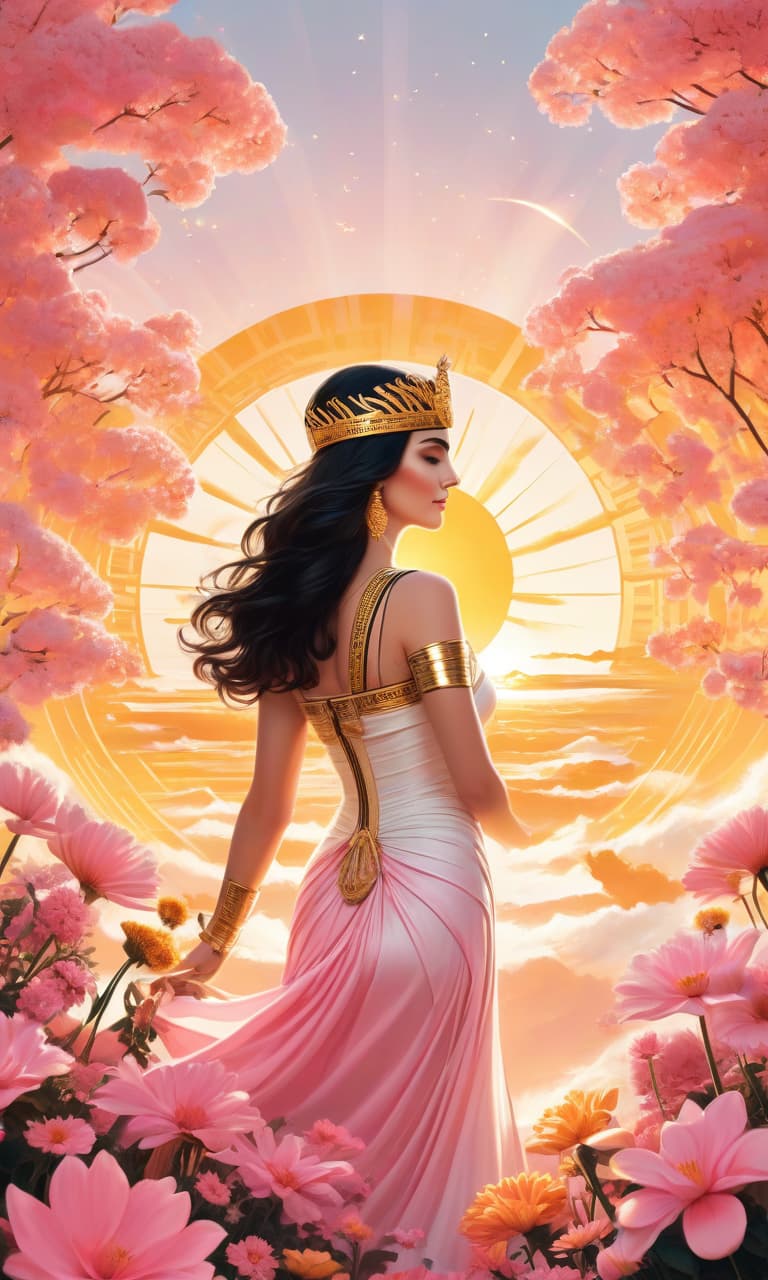  concept art color pink, white, black, gold cleopatra holds a huge sun, sunset, sea of flowers . digital artwork, illustrative, painterly, matte painting, highly detailed, perfect hands