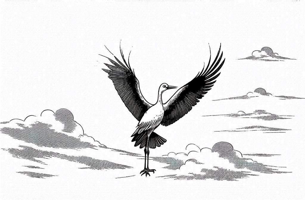  contour, very simple image in one unbroken black ink line, single line of stork flying among clouds, engraving illustration, icon isolated on white background ar 3:2 using a single continuous black line ink brushon white background, drawing should be created without lifting the pen, recognizable features of stork flying among clouds, engraving illustration, icon isolated on white background ar 3:2 in one unbroken line