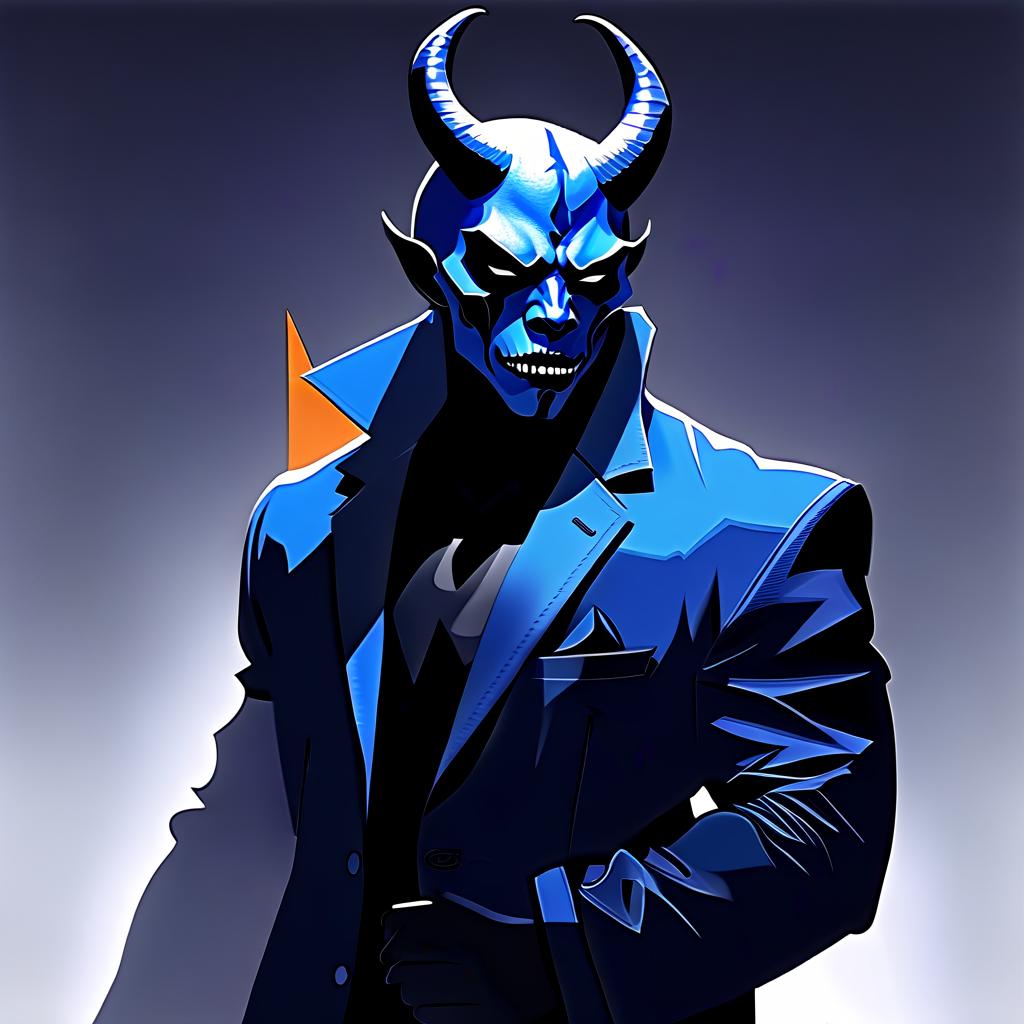  silhouette style a blue demon, with broken horns, in a jacket, with a giant right sleeve. . high contrast, minimalistic, black and white, stark, dramatic, perfecteyes, perfect hands