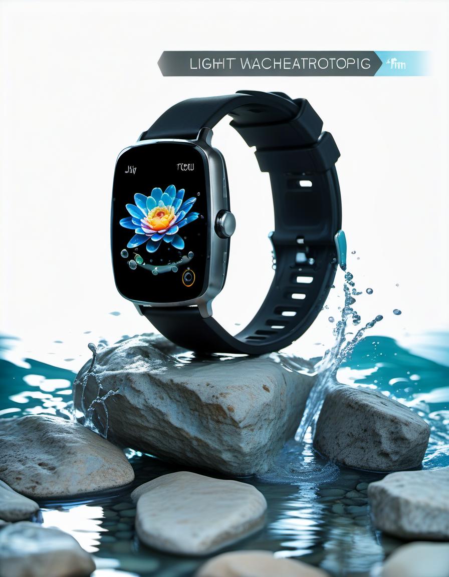  smart watch on stone, around water splash, light background, film photography style