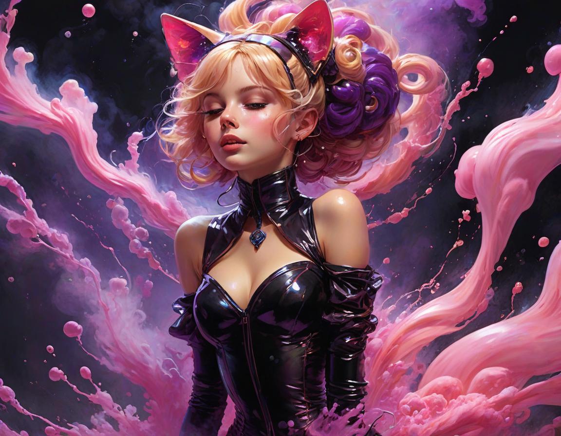  space themed pink purple yellow, cgi render, made of 3::color fancy, swirling ink in water, swirling smoke, swirling splashing paint, swirling blown gl, art by diego dayer, photograph, art by egon schiele, 4k, young humanoid cat, negligee blonde hair bun, very beautiful, short hair, black straight bangs, outside, night, rain, full, eyes closed, mouth slightly open, long earrings, stockings with garters, lots of details, highly detailed image, photorealism, , black stockings, , beautiful body, pleasant pain, sweet moan, breathing fast, anguish, very beautiful . cosmic, celestial, stars, galaxies, nebulas, planets, science fiction, highly detailed