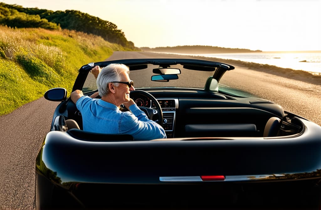  stylish senior couple driving convertible car on road along seaside on trip ar 3:2 {prompt}, maximum details