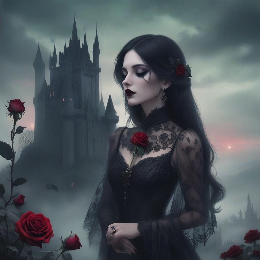  concept art a gothic styled woman holds a rose to her nose against a misty castle backdrop, exuding mystery and elegance. a gothic woman with dark, styled hair leans in to touch a black rose with deep red accents, her eyes closed in contemplation. she wears intricate lace attire, complete with lavish earrings. the background features a misty, ethereal landscape with faint, shadowy castle silhouettes, enveloped in greenish hues, enhancing the mysterious atmosphere. . digital artwork, illustrative, painterly, matte painting, highly detailed