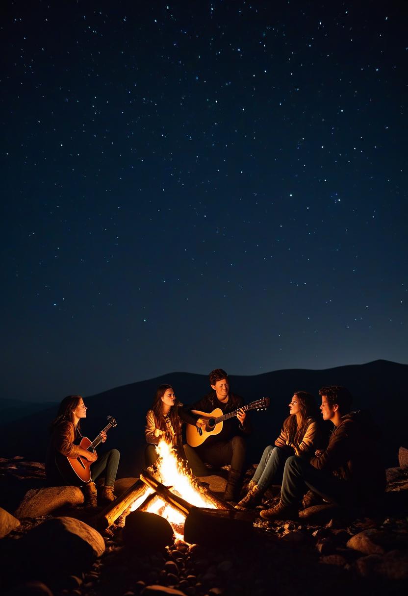  cinematic photo 2 men and 2 girls sit under the starry sky in the mountains by the fire. only 4 people in the image. one of the guys plays the guitar. people with clear faces, not curves . 35mm photograph, film, bokeh, professional, 4k, highly detailed