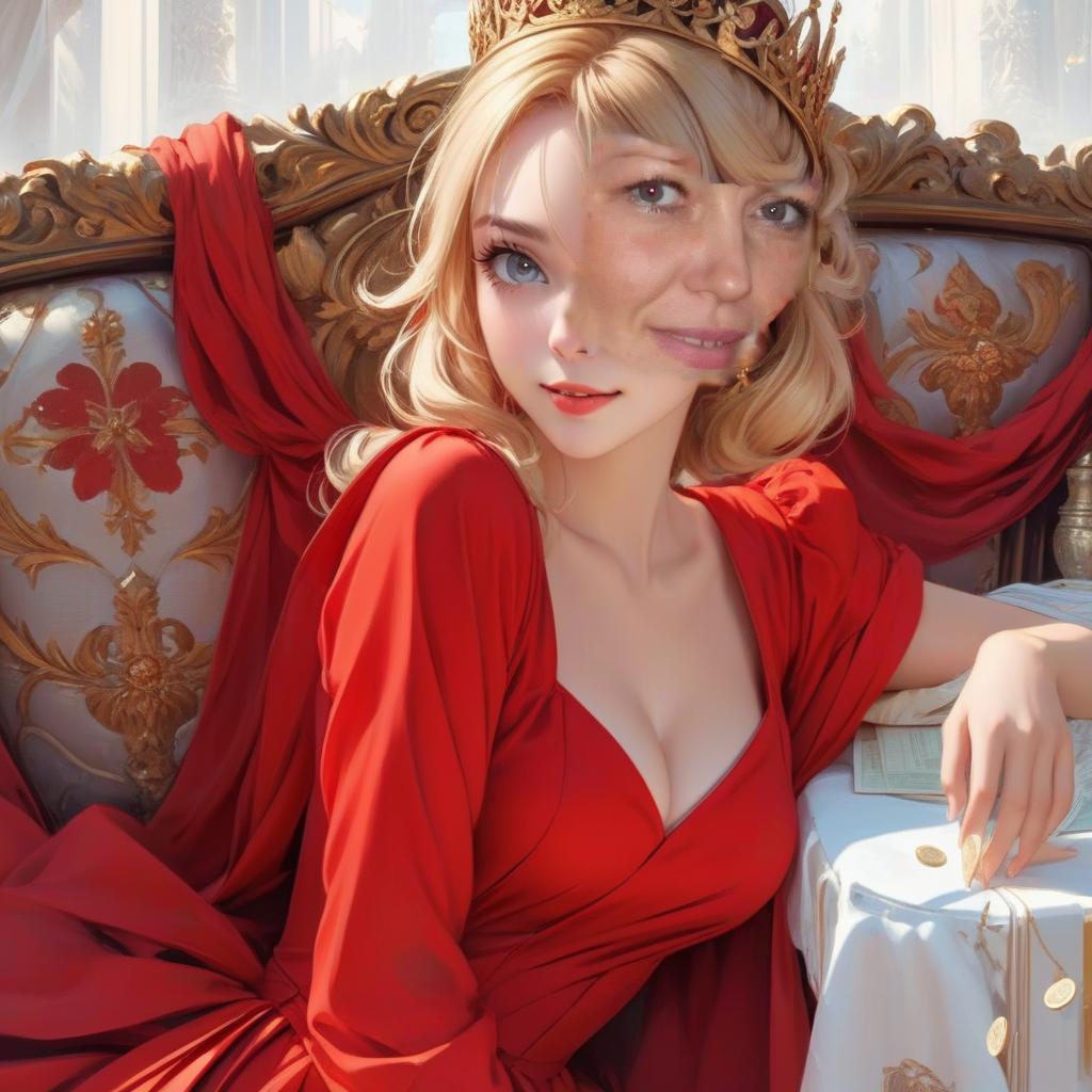  concept art highest quality, ultra high resolution, (photorealistic: 1.4),40 woman, beautiful eyes, very beautiful, blonde beautiful, eyes inviting to view, eyes of a lover, alluring facial expression, smile, perfect style, perfect balance, detailed skin, eyes, glamorous , in a red dress , a lot money, sitting full length on the throne. гламурный постер . digital artwork, ilrative, painterly, matte painting, highly detailed, sticker