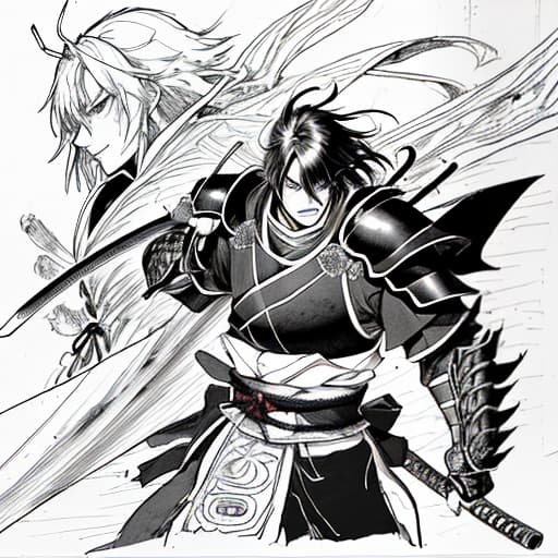  man aggressive, wild smile, black armor, big sword, sketch, samurai, fire from the eye, sketch, manga sketch, pencil drawing, black and white, manga, manga style, low detail, line art, vector art, monochromatic, by katsuhiro otomo and masamune shirow and studio ghilibi and yukito kishiro