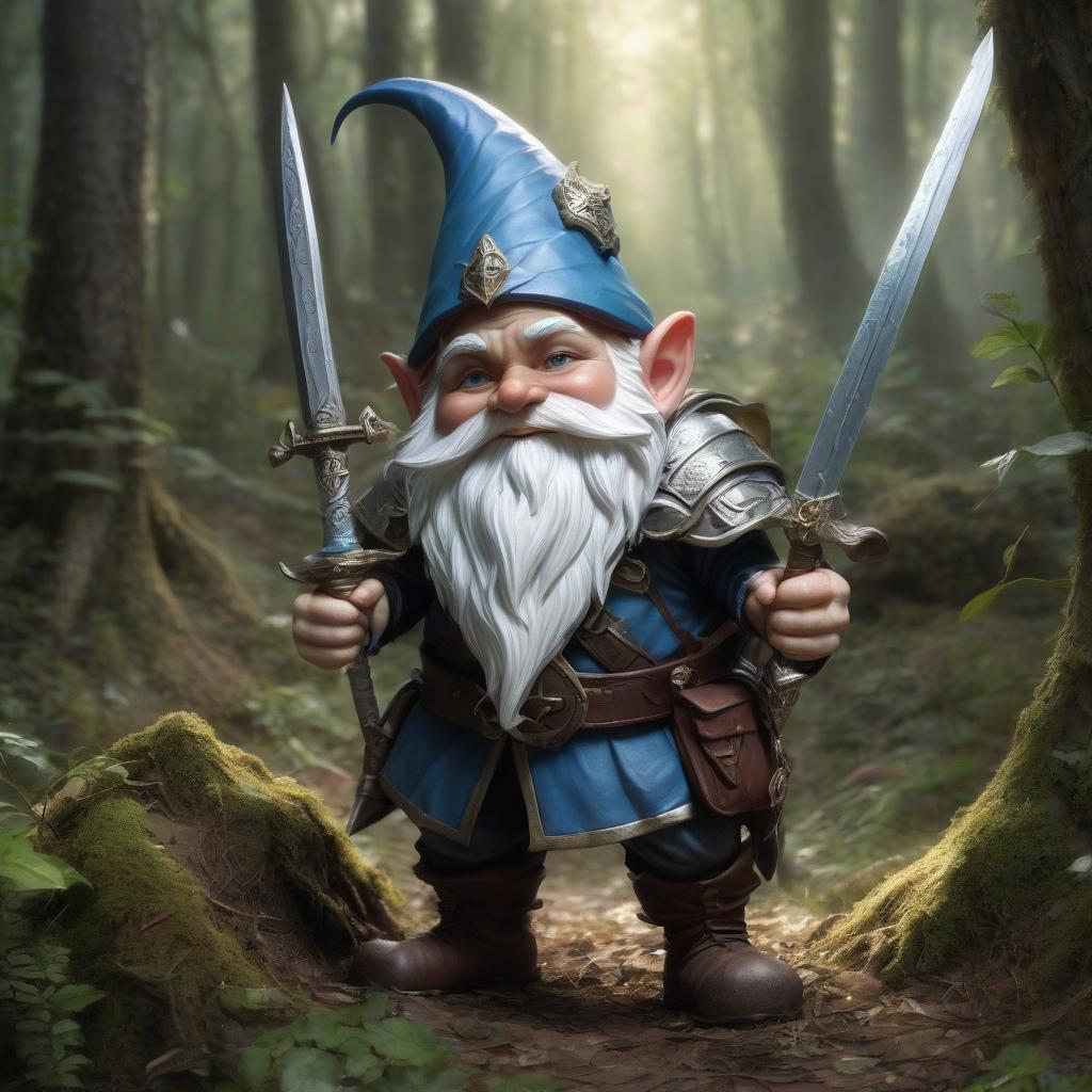  cool fantasy gnome with sword and buckler that goes in the woods