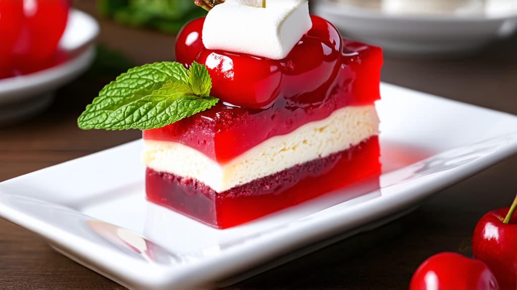  cherry marshmallow jelly dessert, hyperrealism, two layers, mint leaf and cherry on top, professional photo, high resolution, appetizing, hyperdetailed, focus on dish, food style, restaurant serving, highly detailed ar 16:9 {prompt}, maximum details