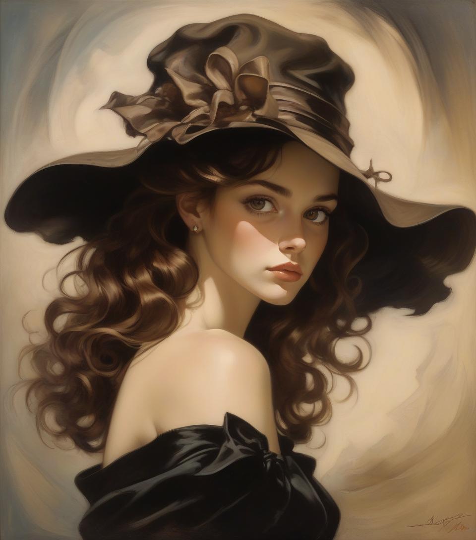  oil on canvas, young woman, wearing black dress, brown hair and brown eyes,hat, frank frazetta, arthur rackham, alberto seveso, sandro botticelli style.