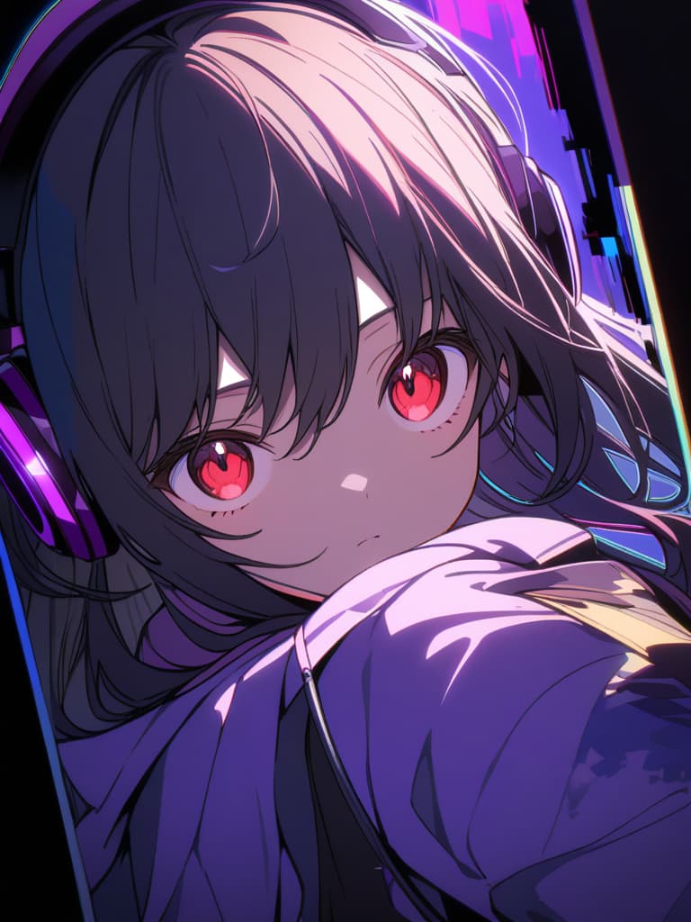  ((headphones,long hair,purple headphones,black hair,cool,handsome girl,beautiful girl,purple hoodie,red eyes,glitch,bug,mosaic art,dark hair,inside the screen,bisho))、ultra detailed,best shadow,cute and beautiful face,(masterpiece:1.2),(best quality:1.2),detailed background,high contrast,(best illumination,an extremely delicate and beautiful),((cinematic light)),hyper detail,dramatic light,intricate details,8k,anime,very aesthetic