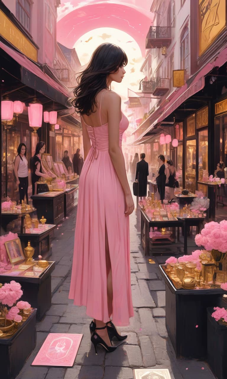  concept art tarot color pink, white, black, gold street with shops , all black and gold a lot of people in black suits and dresses they buried in phones , in the center of the street there is one girl in a pink bright dress , not like everyone else, not watching her . digital artwork, illustrative, painterly, matte painting, highly detailed, perfect hands