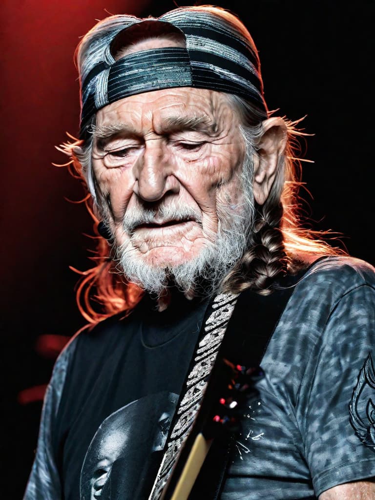  Singer Willie Nelson, medium shot, upper body, spotlight, long exposure lighting, street art style spray paint, glamour lighting