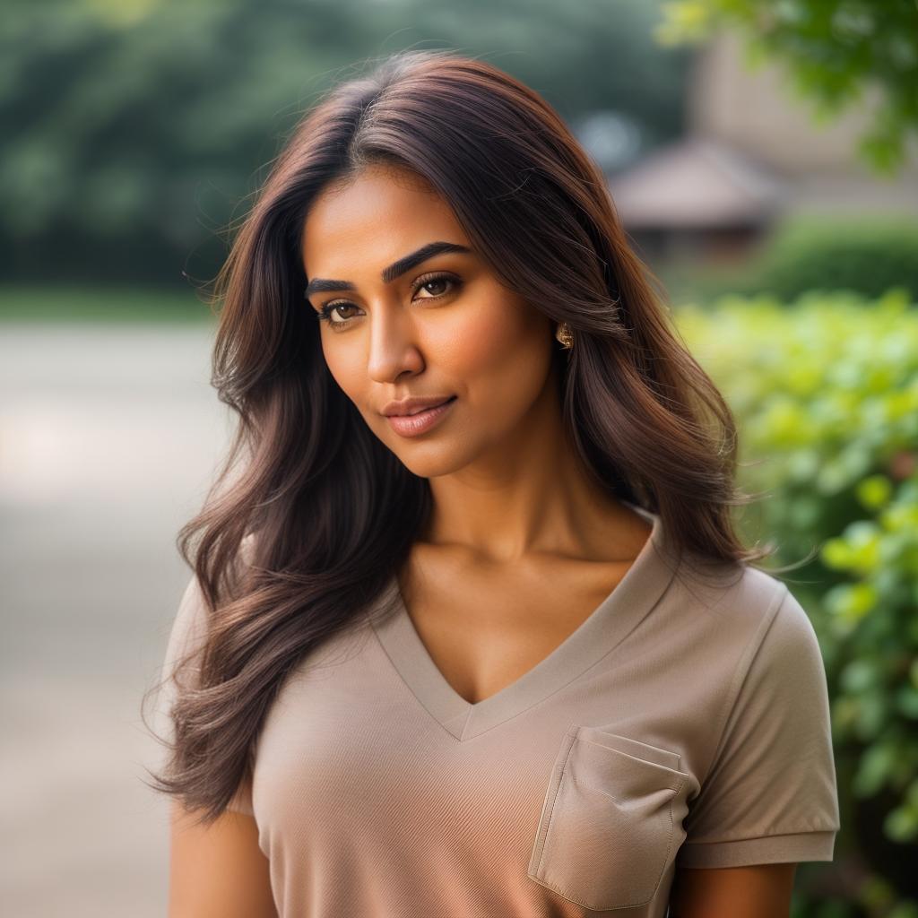  (((realistic full torso frontal head shot of a light brown to medium brown skin tone woman))), ekta hka sarma, ((indian heritage)), immature face, brown eye color, ((long hair style)), (( hair color)), ((athletic body type)), xxl size, athletic size, (immature straight wide nose), (immature round cheeks), (immature defined jawline), (immature full lips), (immature medium forehead), (immature even eyebrows), (immature slightly rounded chin), standing straight looking directly into the camera,((wearing fitted polo shirt with deep v neck and monogrammed pocket)), backyard in background, 1, best quality, highest quality, award winning photo, masterpiece, raw, professional photography, photorealism, sharp focus,  hyperrealistic, full body, detailed clothing, highly detailed, cinematic lighting, stunningly beautiful, intricate, sharp focus, f/1. 8, 85mm, (centered image composition), (professionally color graded), ((bright soft diffused light)), volumetric fog, trending on instagram, trending on tumblr, HDR 4K, 8K