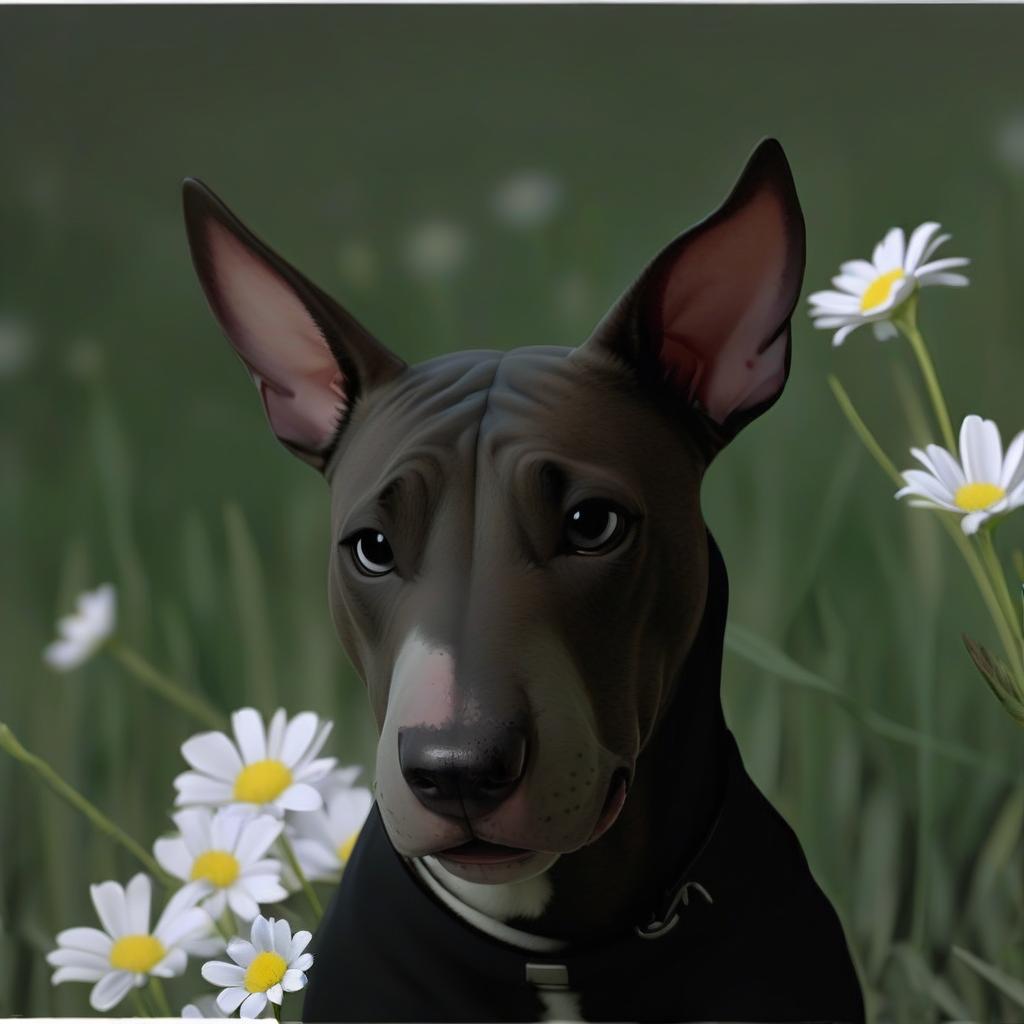  bull terrier on a field with flowers