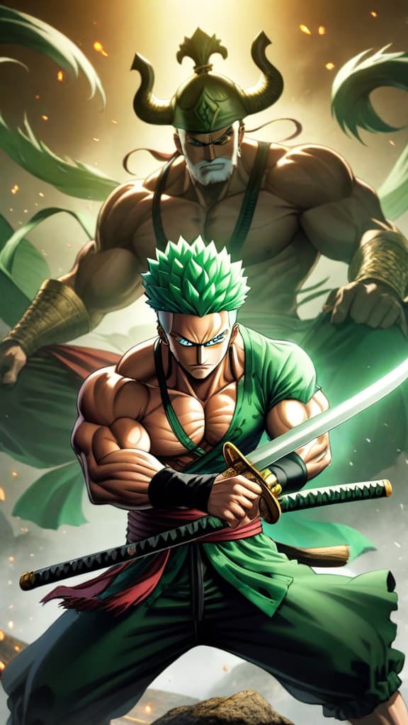  anime art, roronoa zoro from one piece in asura form with three heads and six arms, intense battle backdrop hyperrealistic, full body, detailed clothing, highly detailed, cinematic lighting, stunningly beautiful, intricate, sharp focus, f/1. 8, 85mm, (centered image composition), (professionally color graded), ((bright soft diffused light)), volumetric fog, trending on instagram, trending on tumblr, HDR 4K, 8K