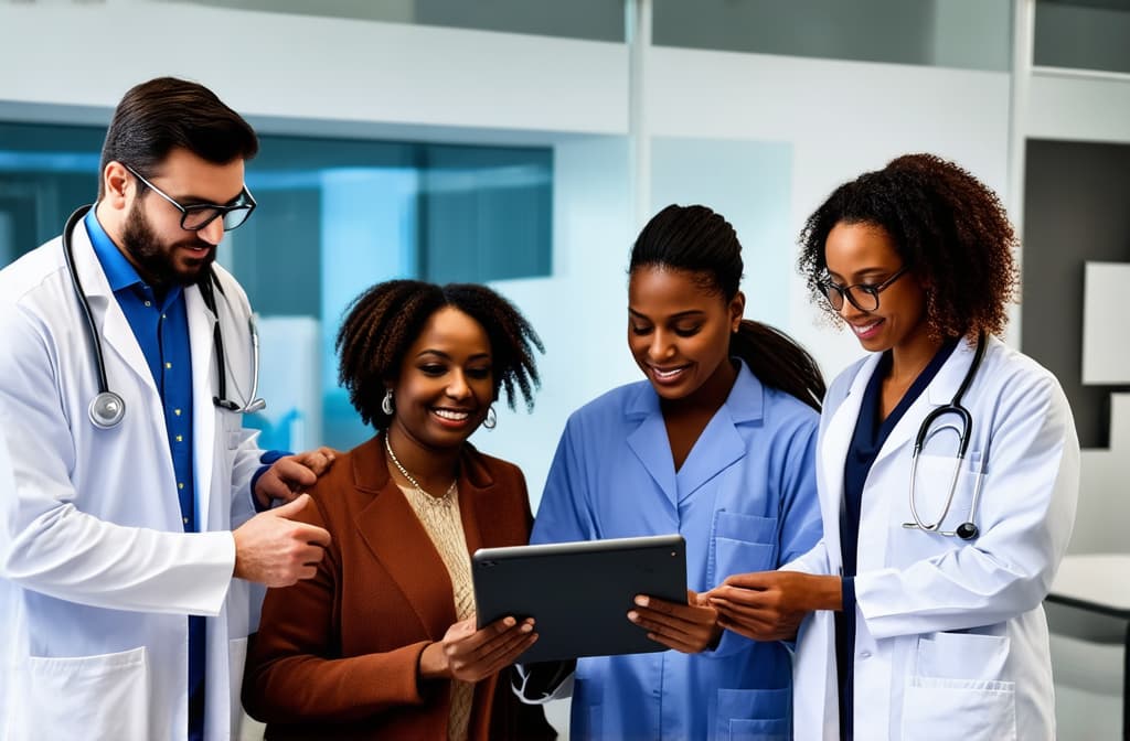  professional detailed photography, multiethnic doctors engaged in collaborative medical consultation, discuss patient disease diagnose or treatment plan, reviewing information, focusing on tablet. teamwork, modern tech in healthcare ar 3:2, (muted colors, dim colors, soothing tones), (vsco:0.3)