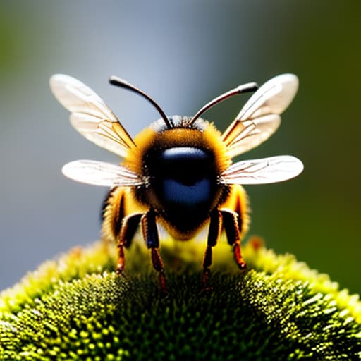 redshift style A cute little bee with a crown hyperrealistic, full body, detailed clothing, highly detailed, cinematic lighting, stunningly beautiful, intricate, sharp focus, f/1. 8, 85mm, (centered image composition), (professionally color graded), ((bright soft diffused light)), volumetric fog, trending on instagram, trending on tumblr, HDR 4K, 8K