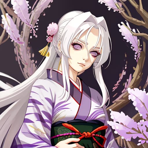  an adult woman with long, white hair, lilac eyes, a gentle expression on her face, in a kimono, in the style of naruto characters